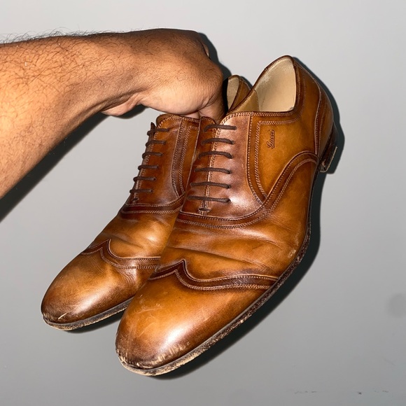 Mens brown leather Gucci wingtip dress shoes size US 9 - Picture 1 of 9